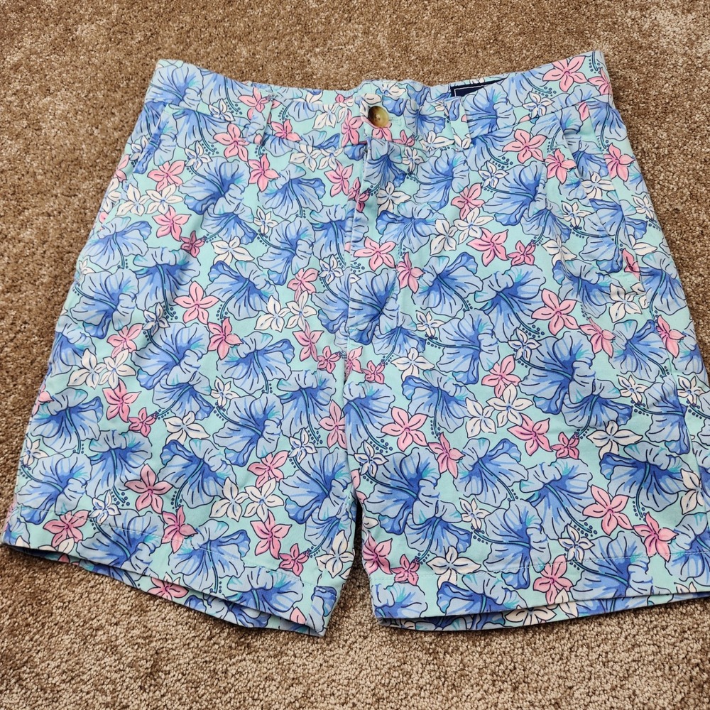 Vineyard Vines Men 30 Blue Pink Hibiscus Floral Breaker Shorts 7 Inseam Tropical